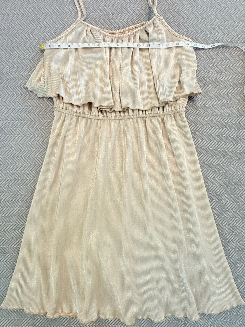 GB Metallic Pleated Mini Dress L Gold Shimmer Strappy Layered Flowy